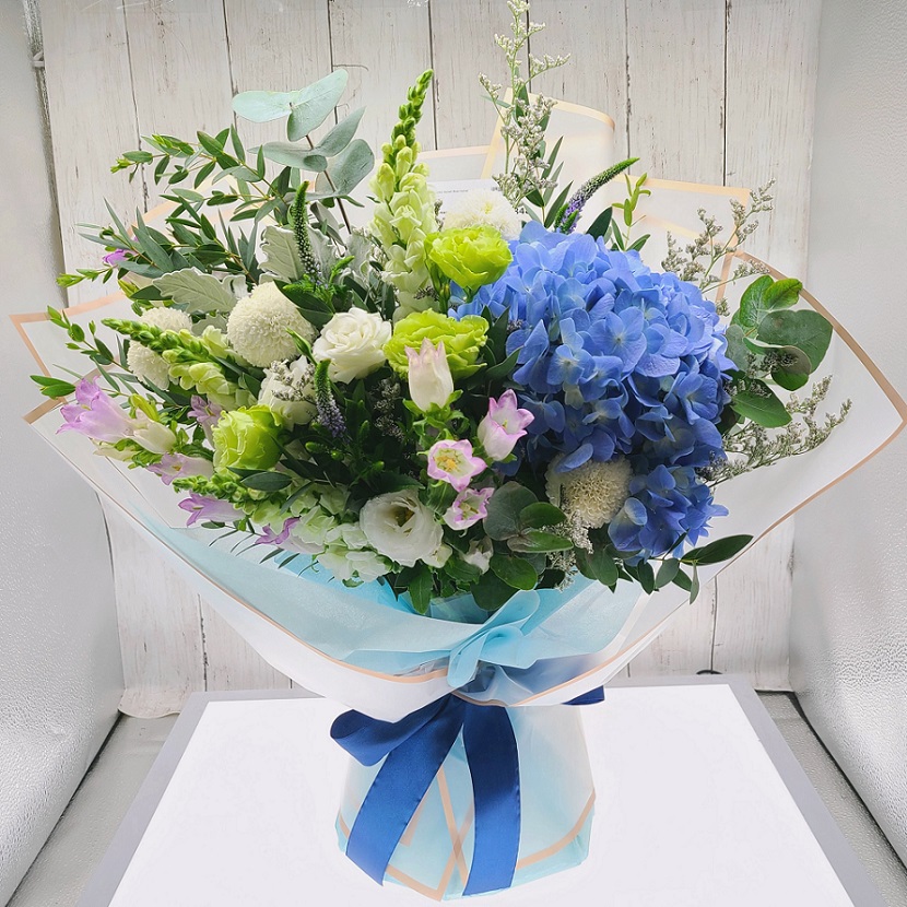 Stylish Blue Hydrangea Bouquet with seasonal flower fillers