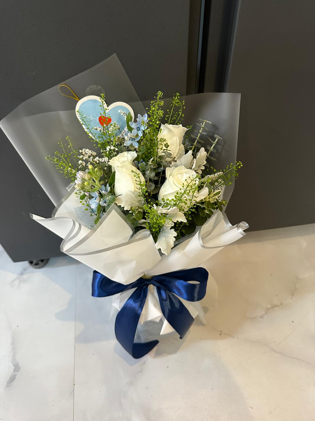 3 Rose Simple Bouquet with seasonal flower fillers (color at your choice)